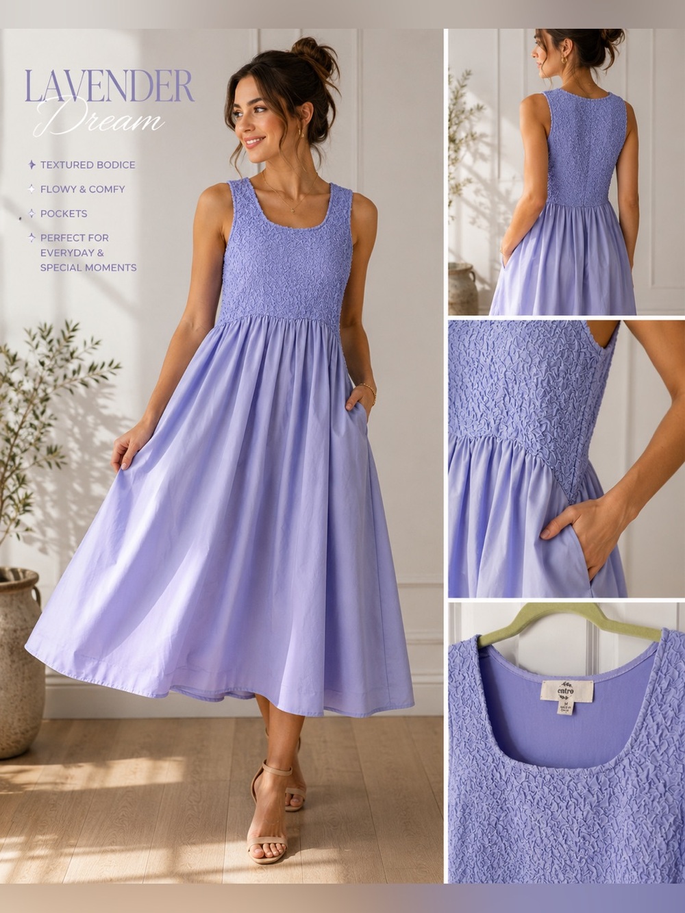 entro Lavender Sleeveless Smocked Midi Dress